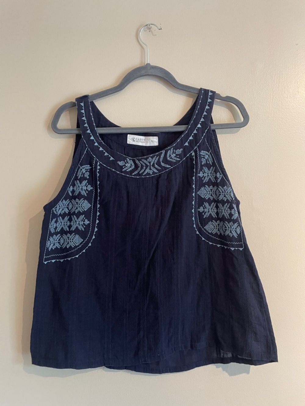 Carve Designs Navy Tank Top with Light Blue Embroidery